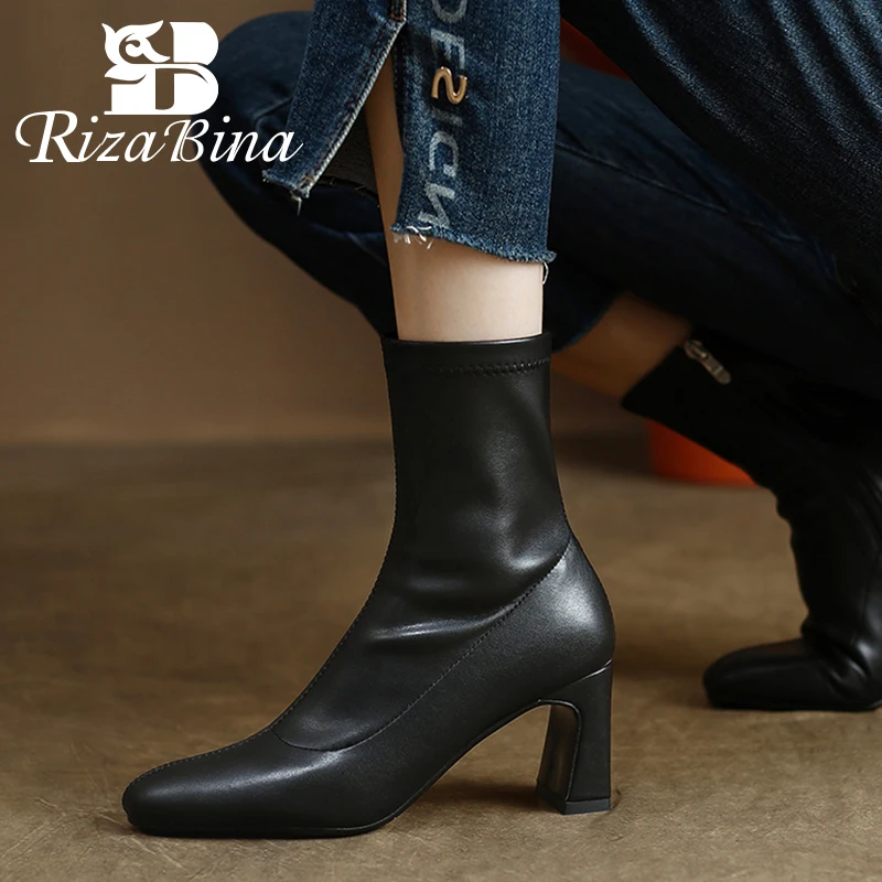 

RIZABINA Women Short Boots Solid Color Thick High Heel Shoes 2023 New Winter Ankle Boots Ins Fashion Female Footwear Size 34-39