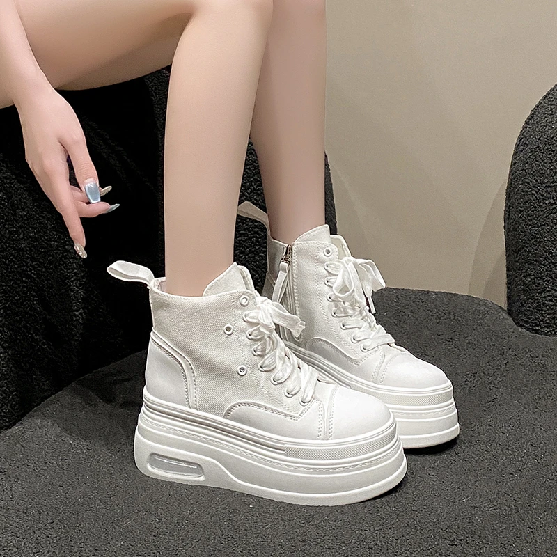 Aphixta 8cm Platform Ankle Boots Height Increasing Sneakers Women's Shoes Platform Chunky Sole Lace Up Boots Thick Sole Shoes
