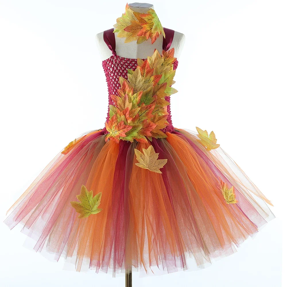 Girls Fairy Costume Forest Woodland Autumn Tutu Dress Up Maple Leaves Kids Halloween Thanksgiving Tulle Princess Dress