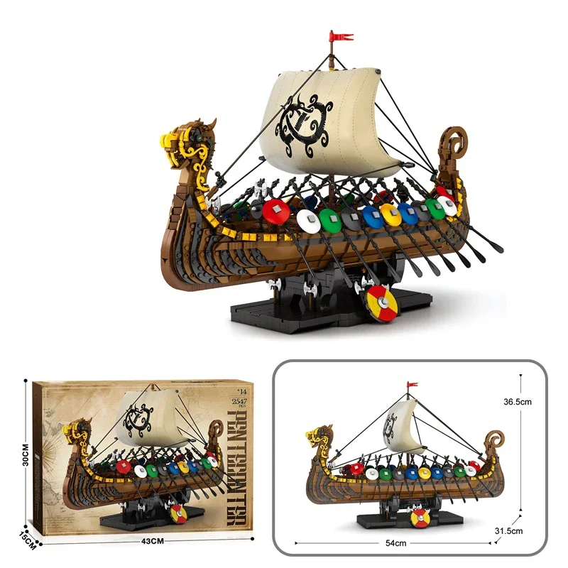 2547PCS Viking Warship Building Blocks Pirate Keelboat Model