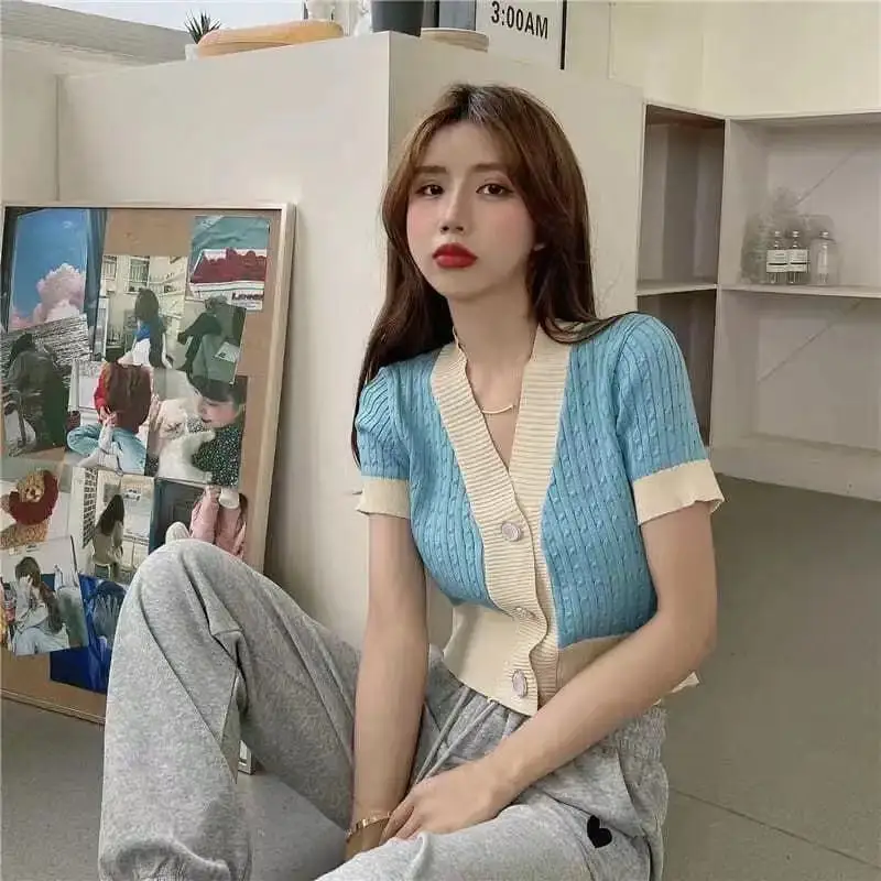 2026 Women's T-shirt V-neck Short Sleeve Knit Summer New Short High-waisted Cardigan Casual Y2k Tops Woman 4