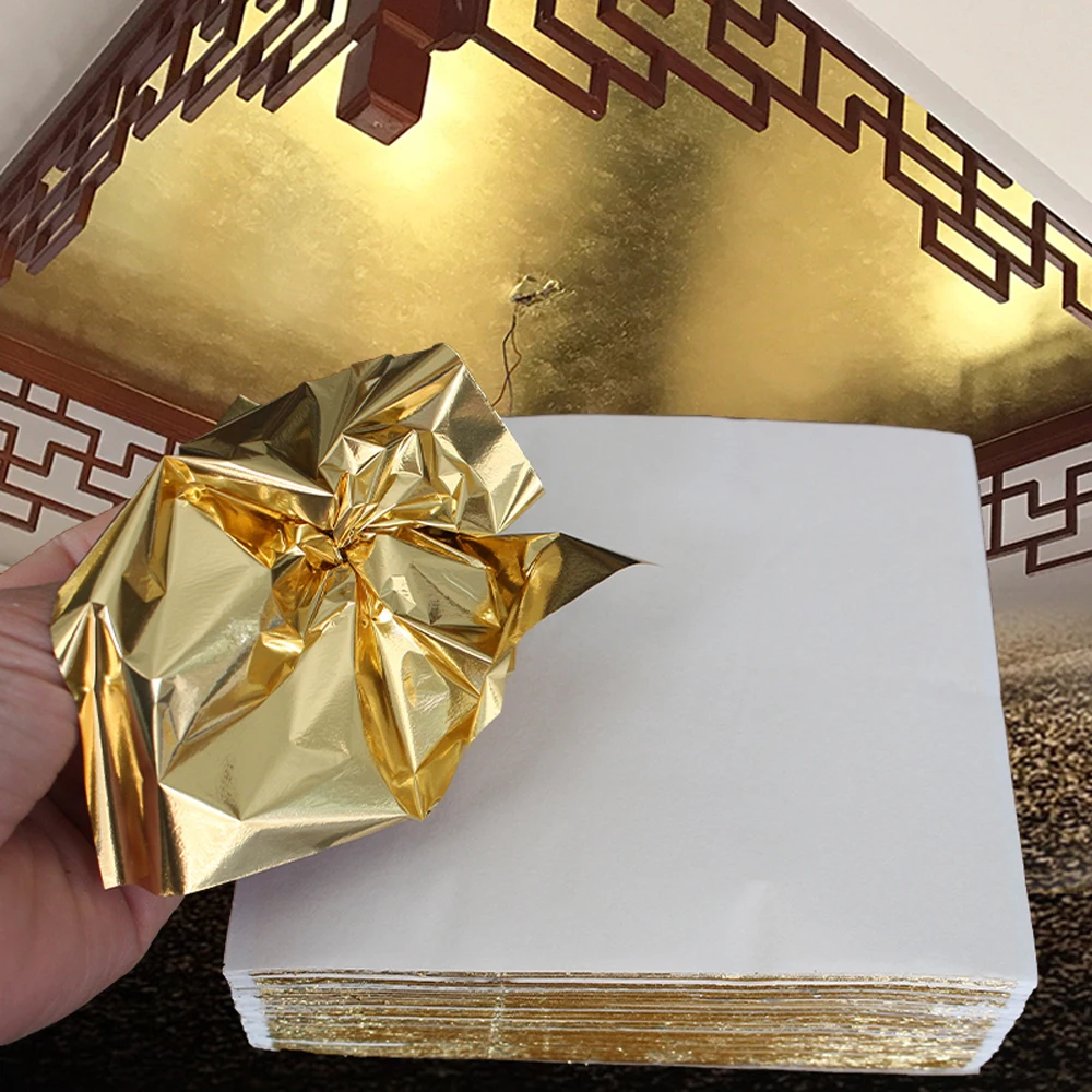 100Pcs Gold Leaf Paper Craft Paper Handmade Craft Paper Handmade Paper Imitation Gold Leaf Sheets Foil Paper Colored Silver Glitter Paper Art Crafts For Gilding Furniture Walls Nail Vintage Decoration DIY Painting