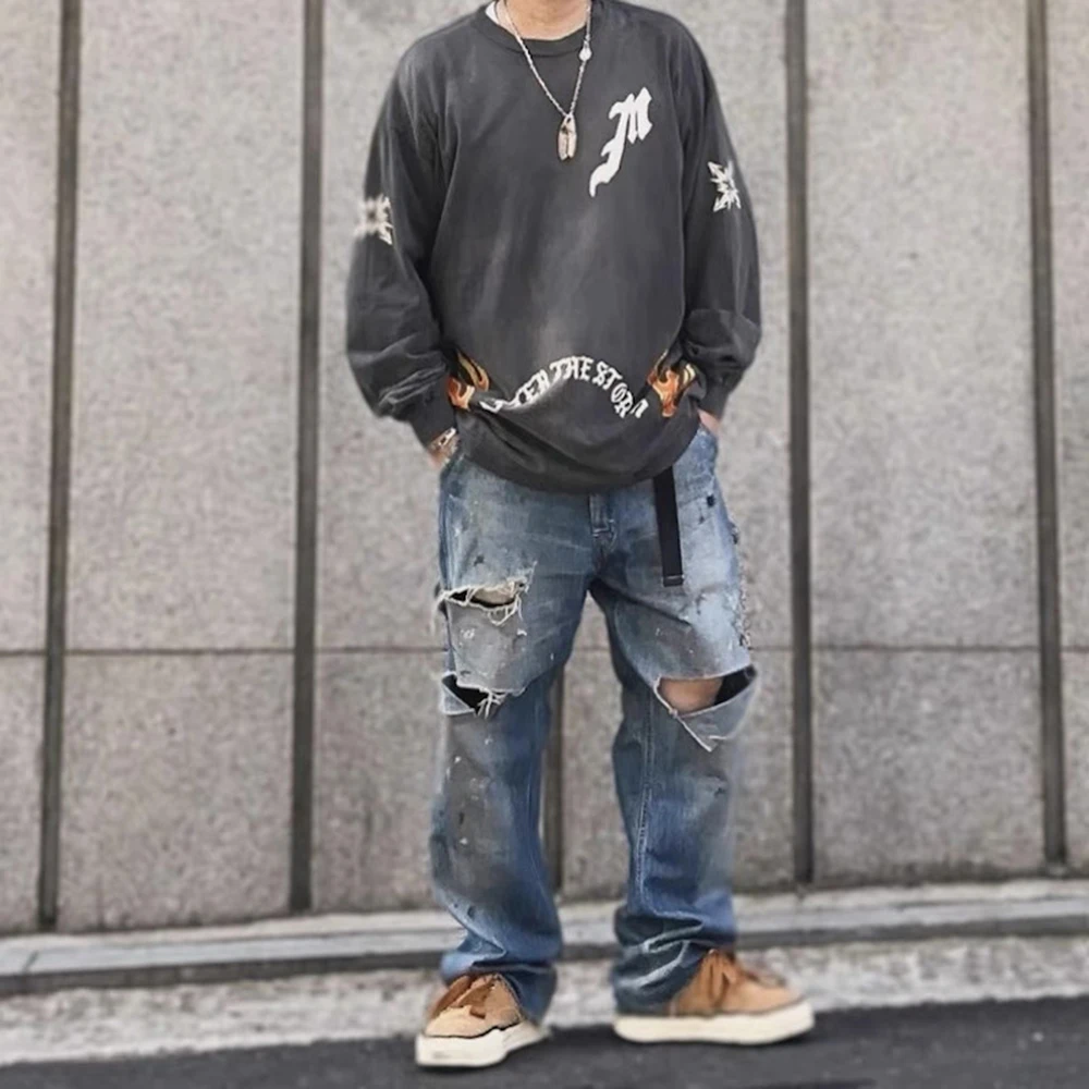 High Street Hole Distressed Splashed Ink Baggy Jeans for Men Straight Ripped Casual Loose Denim Trousers Oversized Unisex Cargos