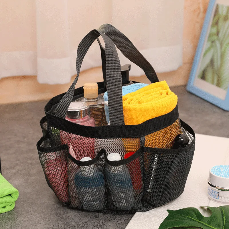 

1 PCS Portable Mesh Shower Caddy Quick Dry Beach Shower Tote Hanging Bath Toiletry Organizer Bag 7 Storage Pockets Double Handle