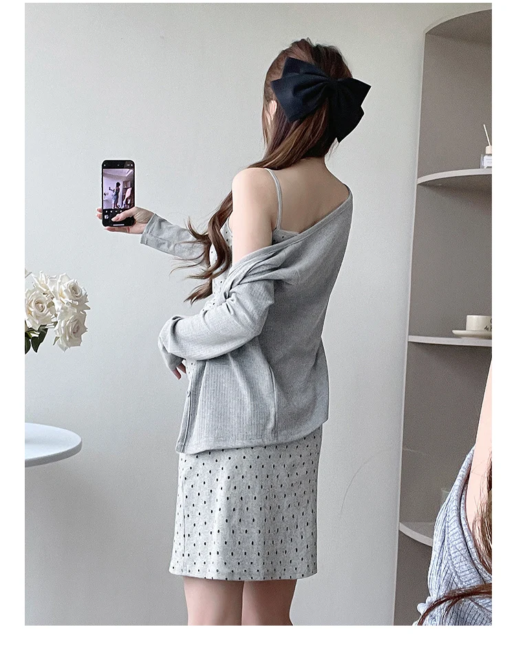 2026 봄 임부복 세트 그레이 긴팔 가디건+폴카 도트 스트랩 드레스 임산부 의류 세트
