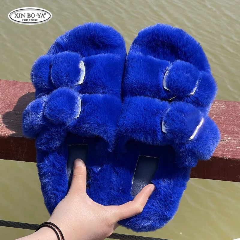 Winter Warm Flat Fur Slippers Women Faux Fur Fluffy Furry Home Slides Woman Comfort Non Slip Indoor Outdoor Shoes Women Slippers
