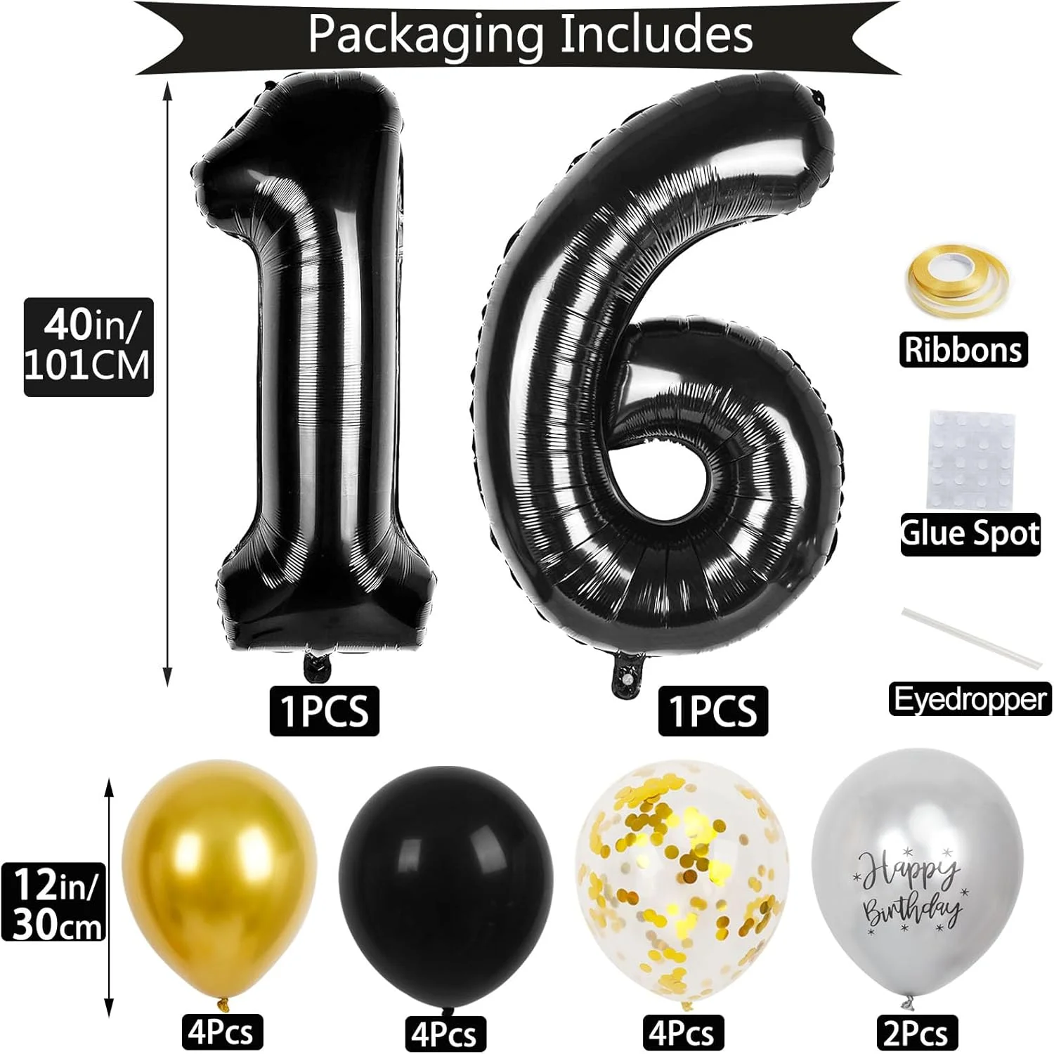40 Zoll Schwarze Große Zahlen 16/18/21/30/40/50/60 Jahre Set mit Glitzer-Latexballons für Erwachsene Männer Geburtstagsdekoration – Detail 1