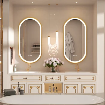 LUVODI Luxury Oval LED Illuminated Bathroom Mirror with Gold Aluminum Frame with Defogging Mat 1