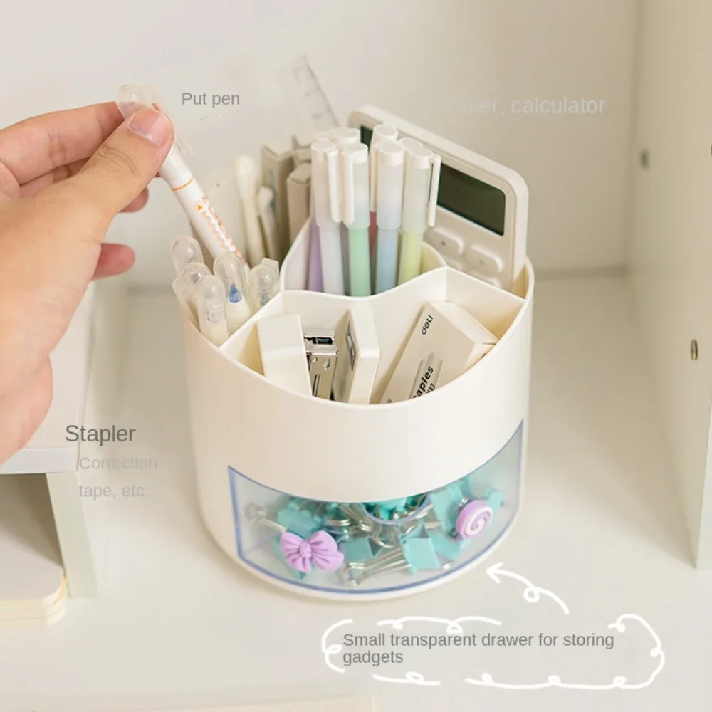 with Drawer Pen Pencil Holder New Desktop Stationary 360-Degree Rotating Pen Holder 4 Girds Pencil Storage Box Office Supplies