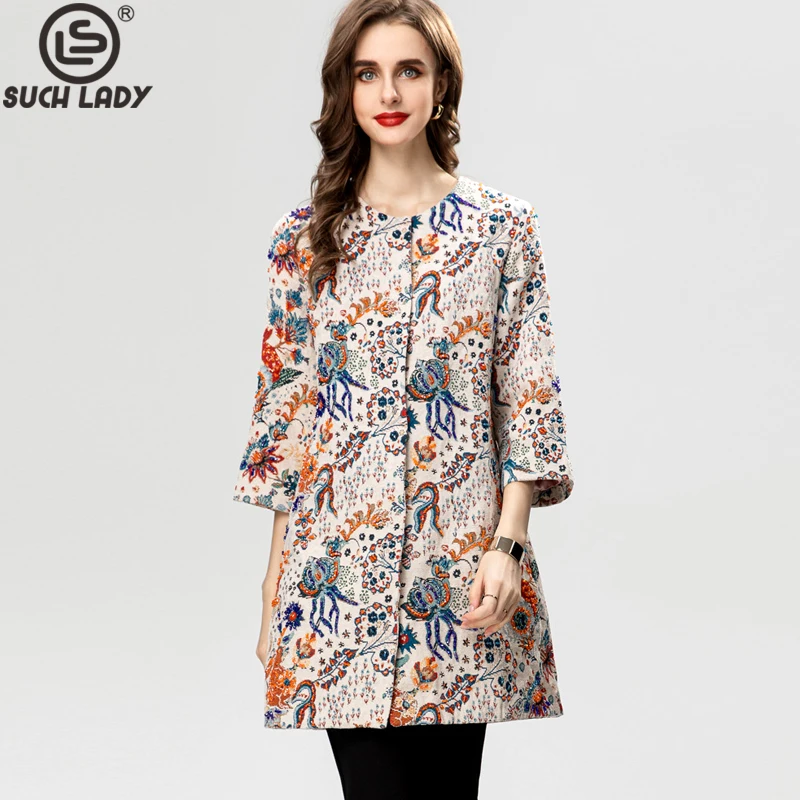 Women's Runway Trench Coats O Neck 3/4 Sleeves Vintage Printed Vintage Dobby  High Street Designer Outerwear