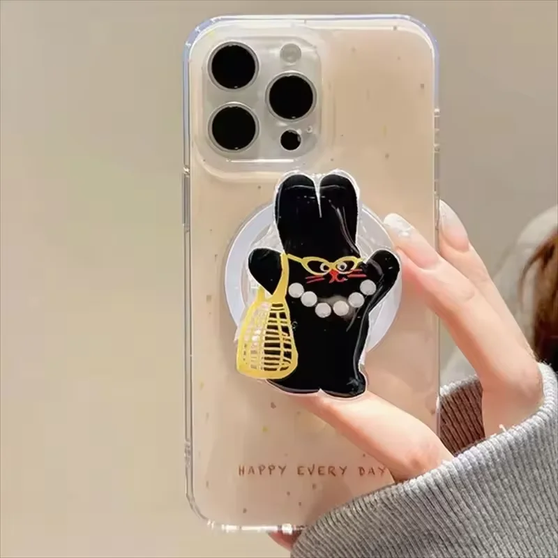 Korean Lovely Black Rabbit MagSafe Magnetic Phone Grip & Stand with Foldable Wireless Charging Holder