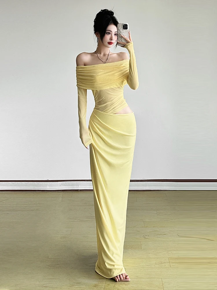 Nibber Mesh Ruched Women Maxi Dress Sexy See Through Off Shoulder Long Sleeve Sheath Vestidos Female Midnight Party Solid Robe