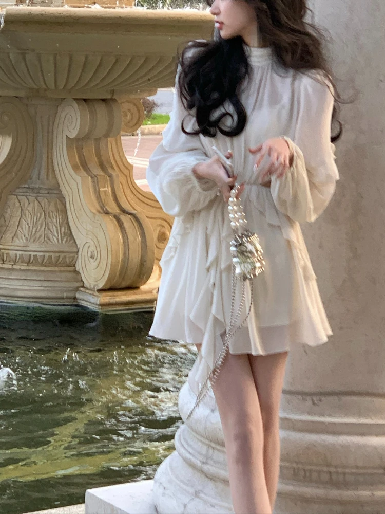 white christmas dresses Three-dimensional Flower Mesh Lantern Sleeve Top Short Female Lace Sh –  JulyProm main image 1