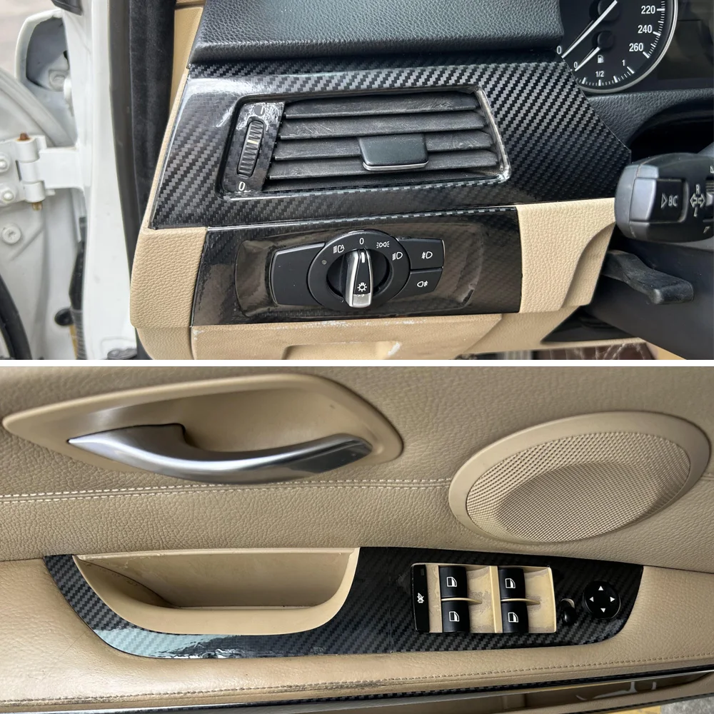BMW 3 시리즈 E90 2005-2012용 카본 파이버 자동차 필름 인테리어 스티커 센터 콘솔 기어 대시보드 에어 도어 핸들 리프트 패널
