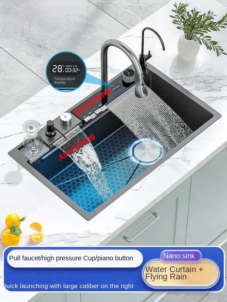 Grand Évier Simple En Acier Inoxydable 304, Affichage Numérique, Cascade De Pluie Volante, Lavabo Multifonctionnel, Estampillé À La Main Pour Un Usage Domestique