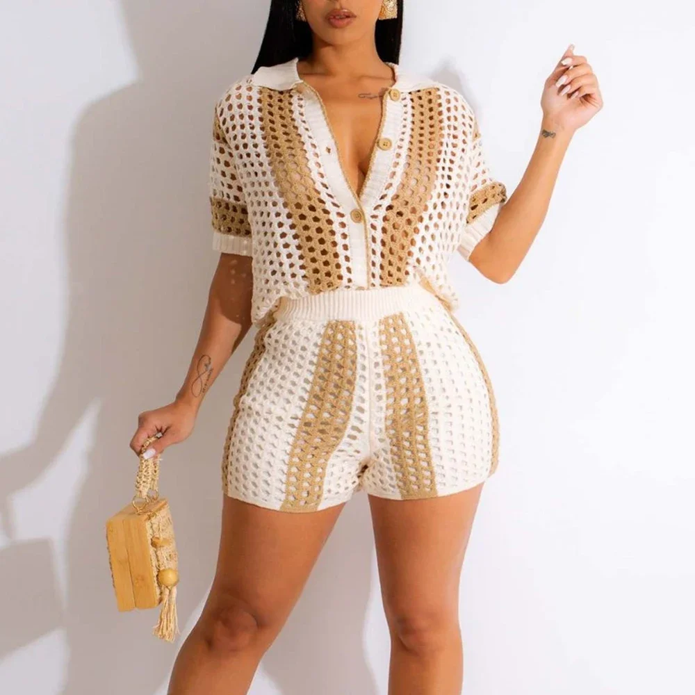 

Полосатый вязаный купальный костюм из двух предметов, женский летний пляжный купальник, туника, Повседневная накидка из двух предметов, топ и шорты SC025