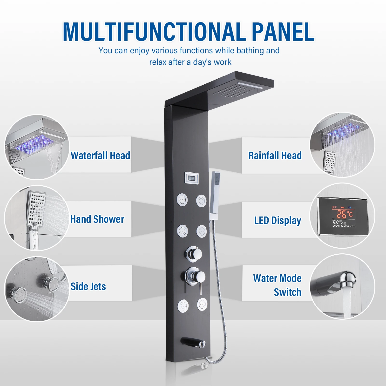 LED Shower Panel Tower System 5-Function Shower Panel Waterfall Tub Spout Horizontal Massage 304 Stainless Steel Panel 3