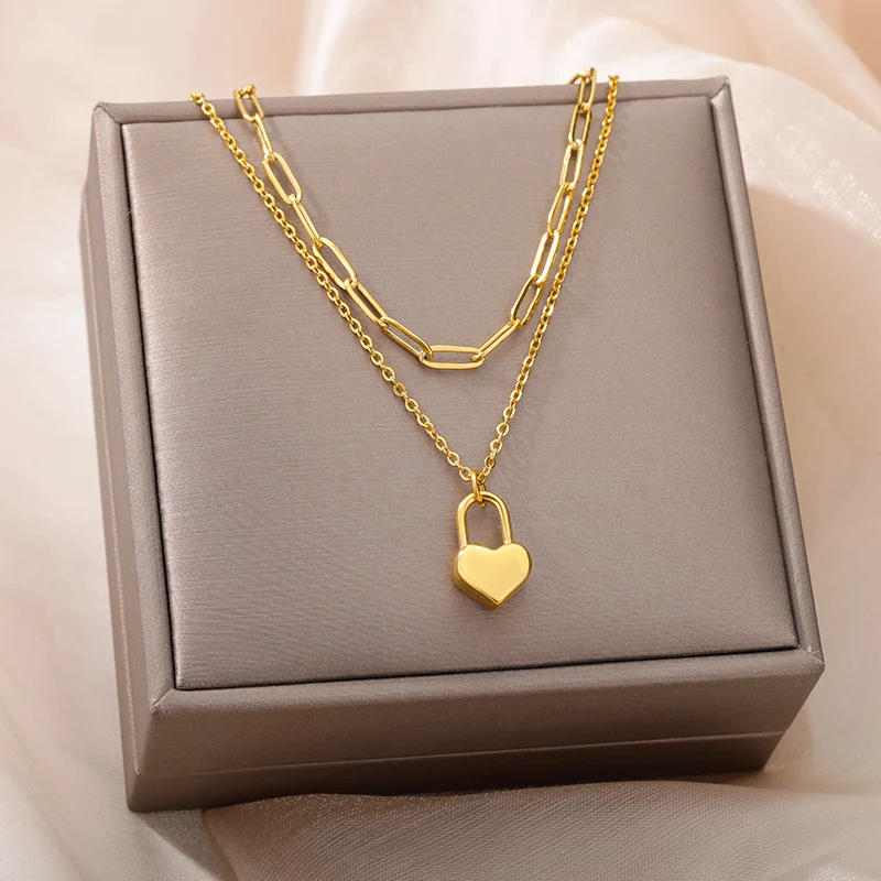 Stainless Steel Heart Necklace Multilayer Chain Gold Plated Pendant