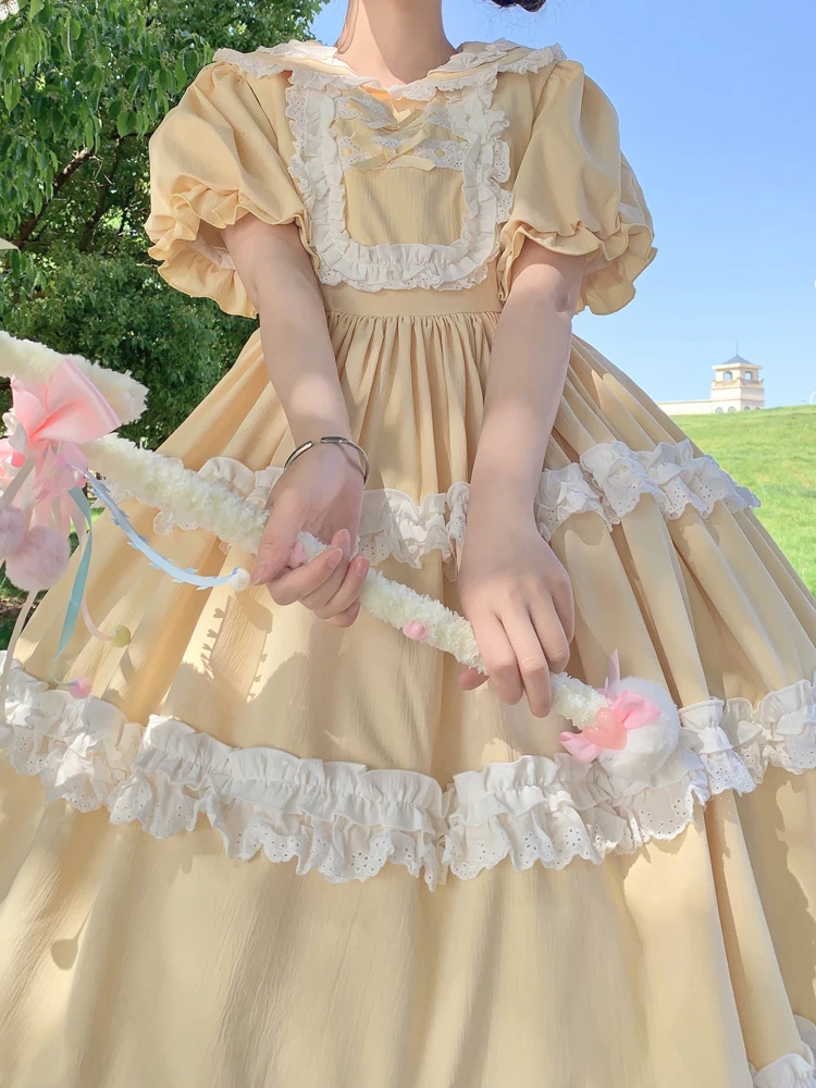 

KIMOKOKM Sweety Prairie Chic Lolita Ruffled Lace Kawaii Peter Pan Collar Puff Sleeve A-Line Princess Girly Japanese Fresh Dress