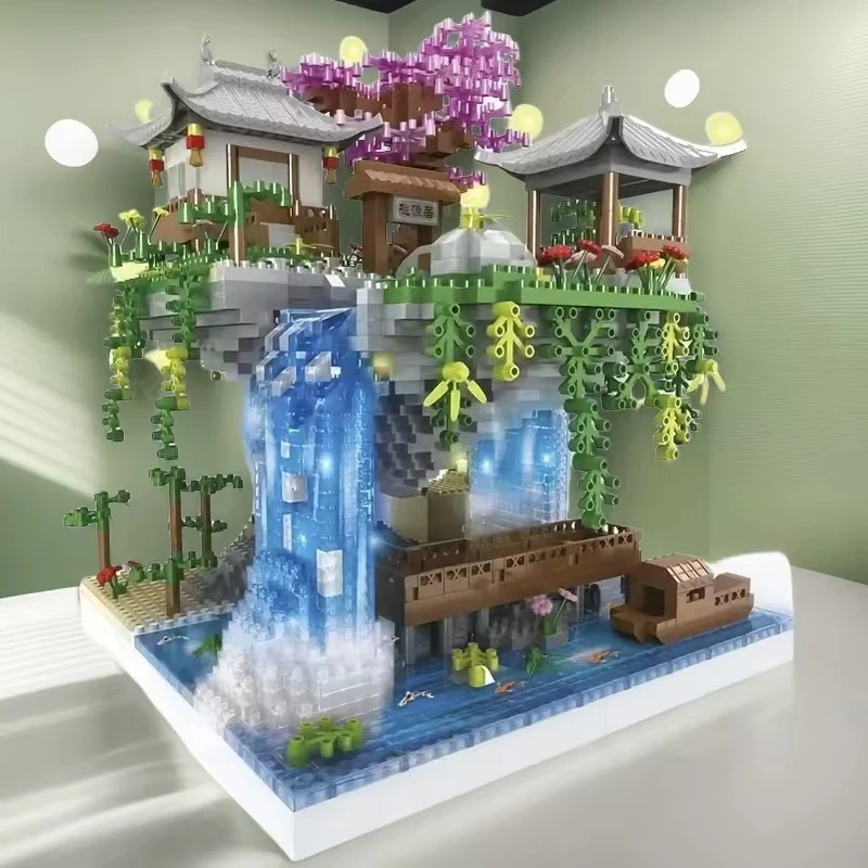 City Architecture Building Blocks Mini Tree House Peach Blossom Pond With Light Set Children Toy Holiday Christmas Gift