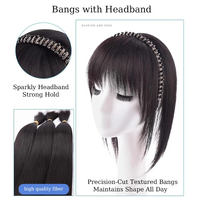 Synthetic Hair Bangs with Headband Hair Extension Wig Sparkling Hairband with Straight Hair Extensions for Women Use Hair Topper