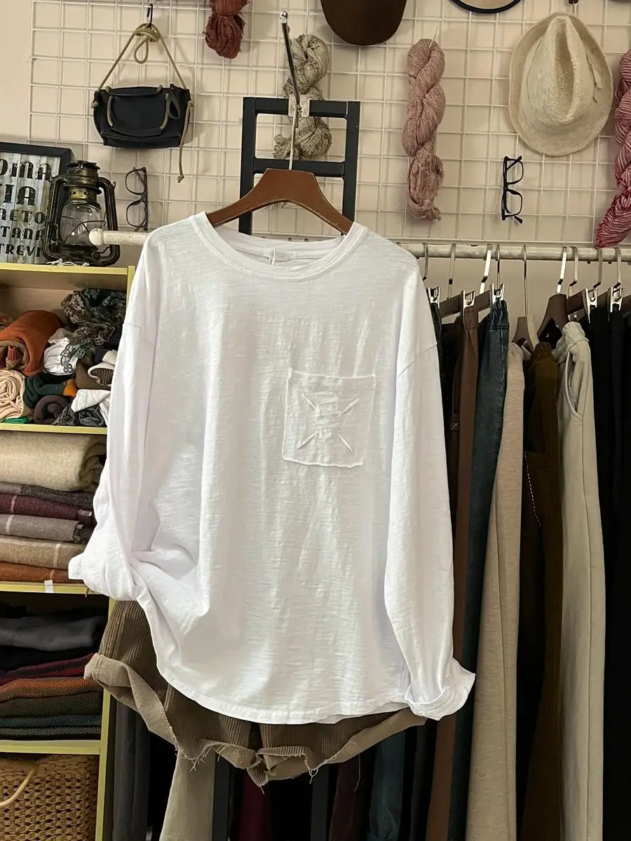 Women's Bamboo Cotton Embroidered Round Neck Casual T-Shirt - Loose Fit, Basic Top