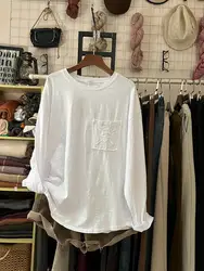 Women's Bamboo Cotton Embroidered Round Neck Casual T - Shirt - Loose Fit, Basic Top - One Size (WHITE)