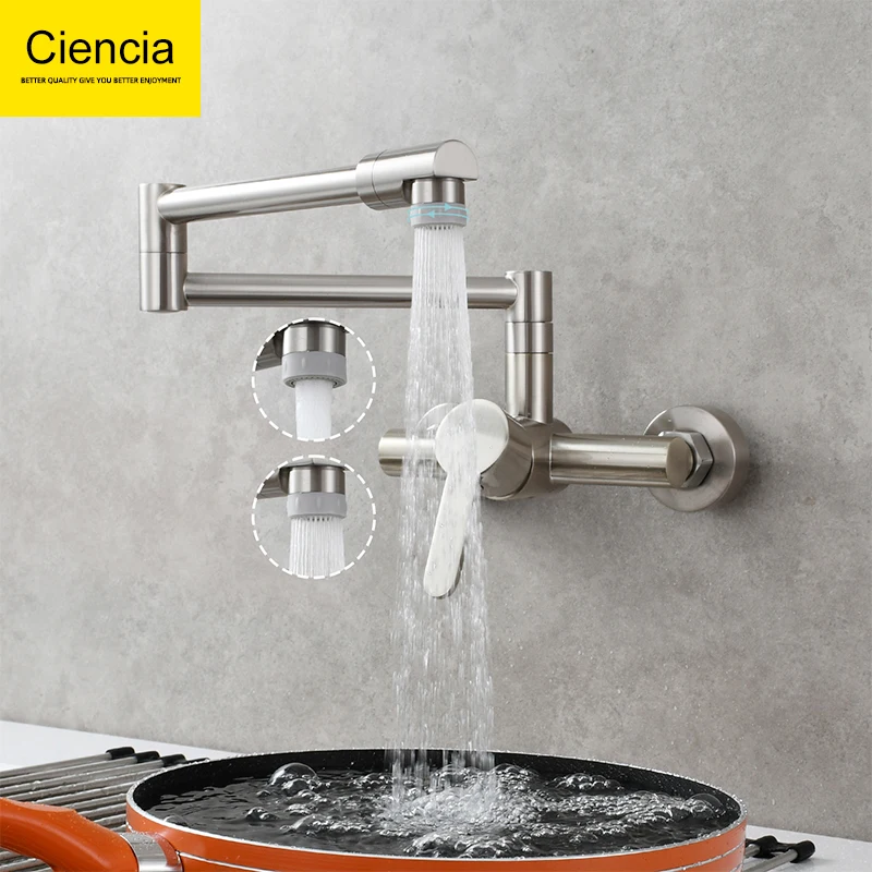 

Ciencia Brass Kitchen Folding Faucet Pot Filler Faucet Two Holes Wall Mount Faucet Hot and Cold Mixer Tap with Kitchen Sprayer