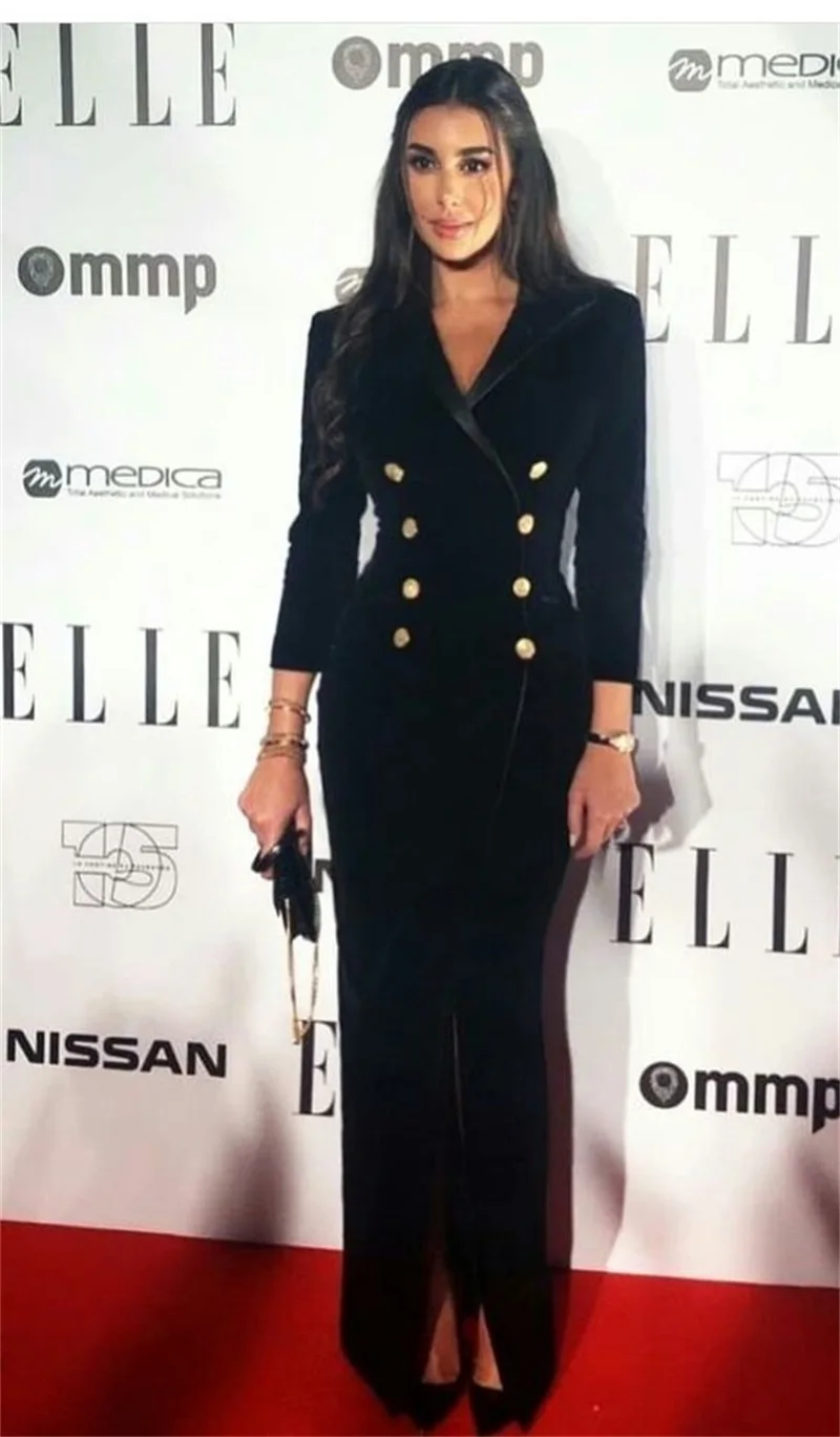 

Black Women Suits Blazer Jacket Velvet 3/4 Long Sleeves Red Carpet Maxi Prom Dress Formal Office Lady Coat Outfit Customize