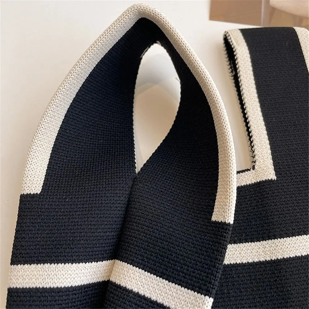 Women Wide Stripe Handmade Knot Wrist Bag Shopping Bags Plaid Tote Bag Knit Handbag