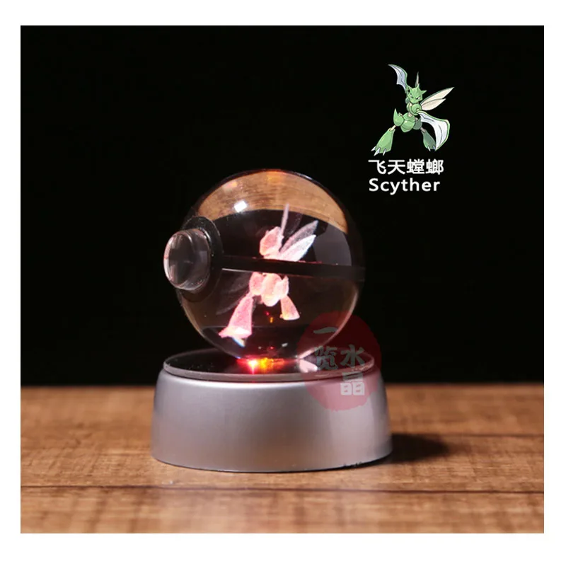 

Anime Pokemon Scyther 3D Crystal Ball Pokeball Anime Figures Engraving Crystal Model with LED Light Base Kids Toy ANIME GIFT