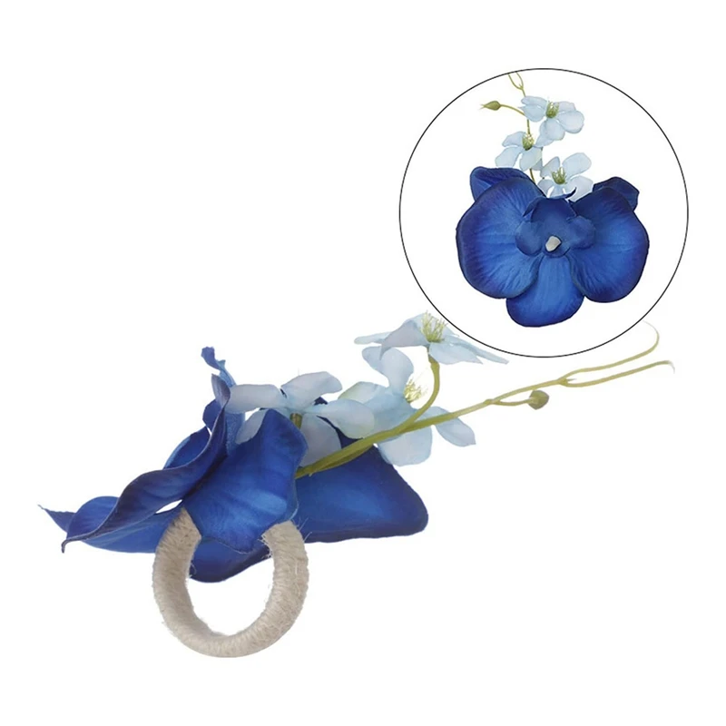 Handmade Orchid Flower Napkin Rings Blue Flower Holders Handcraft Serviette Buckles Rings 6PCS for Wedding Table Decor