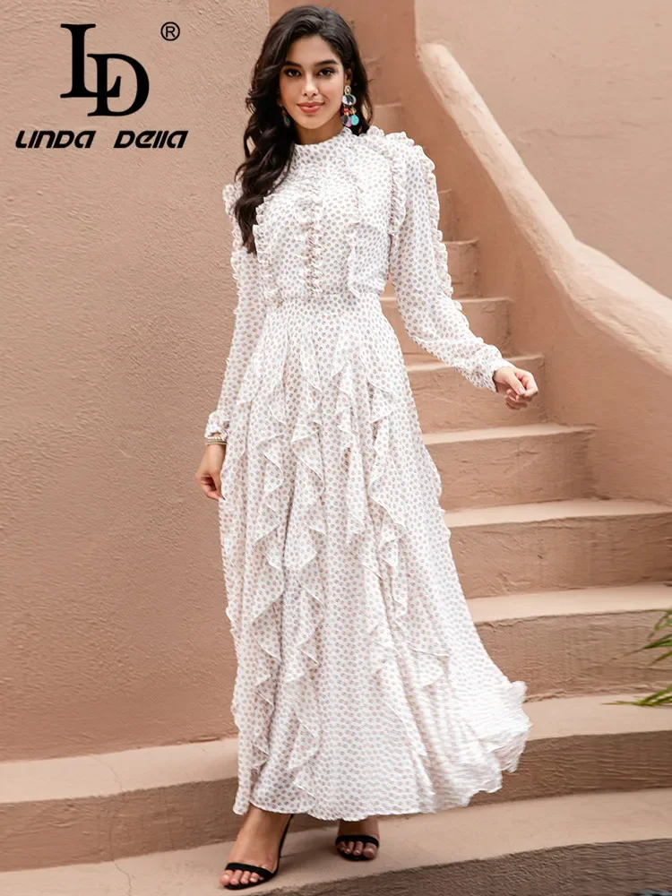 

LD LINDA DELLA Fashion Designers Spring Dress Women's Long sleeve polka dot Print Ruffles casual holiday Dress