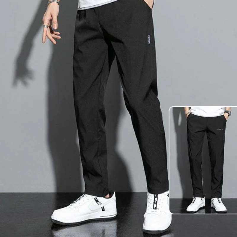 Summer New Fashion Simple Breathable Straight Pants Men's Drawstring Patchwork Pockets Thin Casual Trendy Loose Sports Trousers