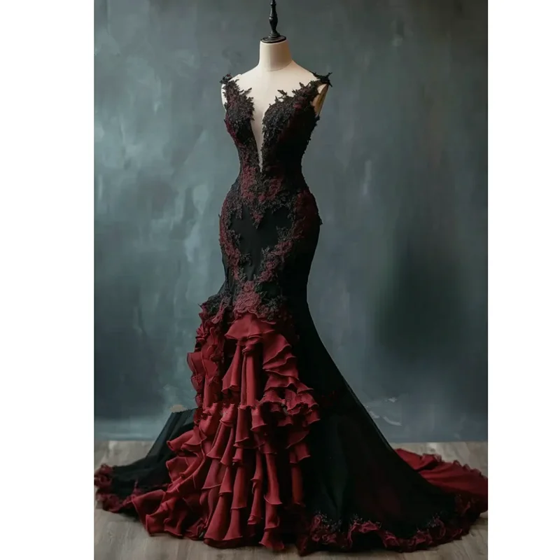 Black Burgundy Mermaid Wedding Dresses Gothic Victorian Applique Long Bride  Gown | eBay