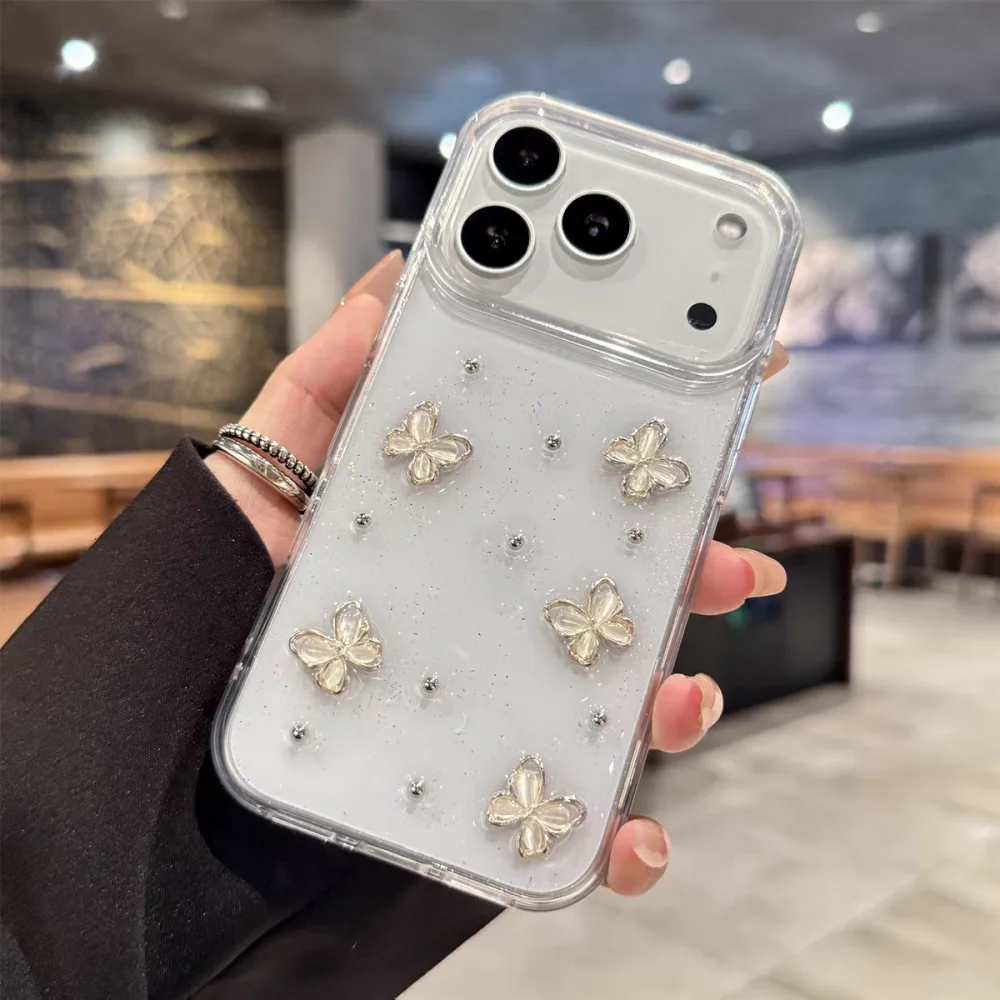 Elegant 3D Butterfly Bling Glitter Clear Phone Case - Soft Shockproof Protective Cover