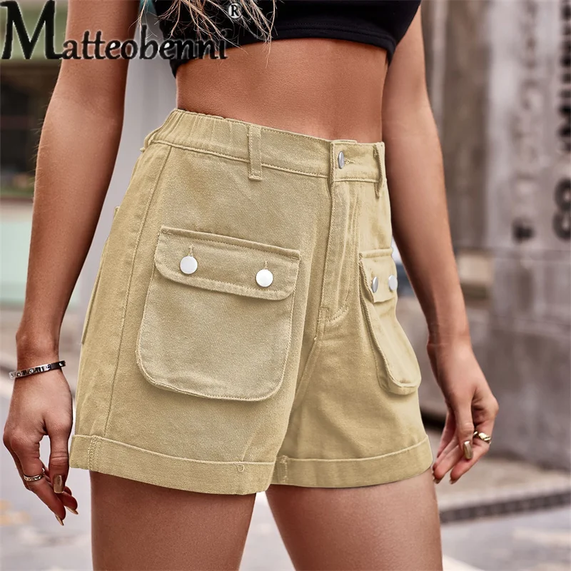 Fashion Street Three-dimensional Pocket Splicing Button Denim Shorts Women's Casual Overalls Female Straight Three-quarter Pants