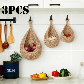 3-Pack Hanging Teardrop Kitchen Storage Baskets – Hand-Woven Wall-Mount Fruit & Vegetable Holder 1