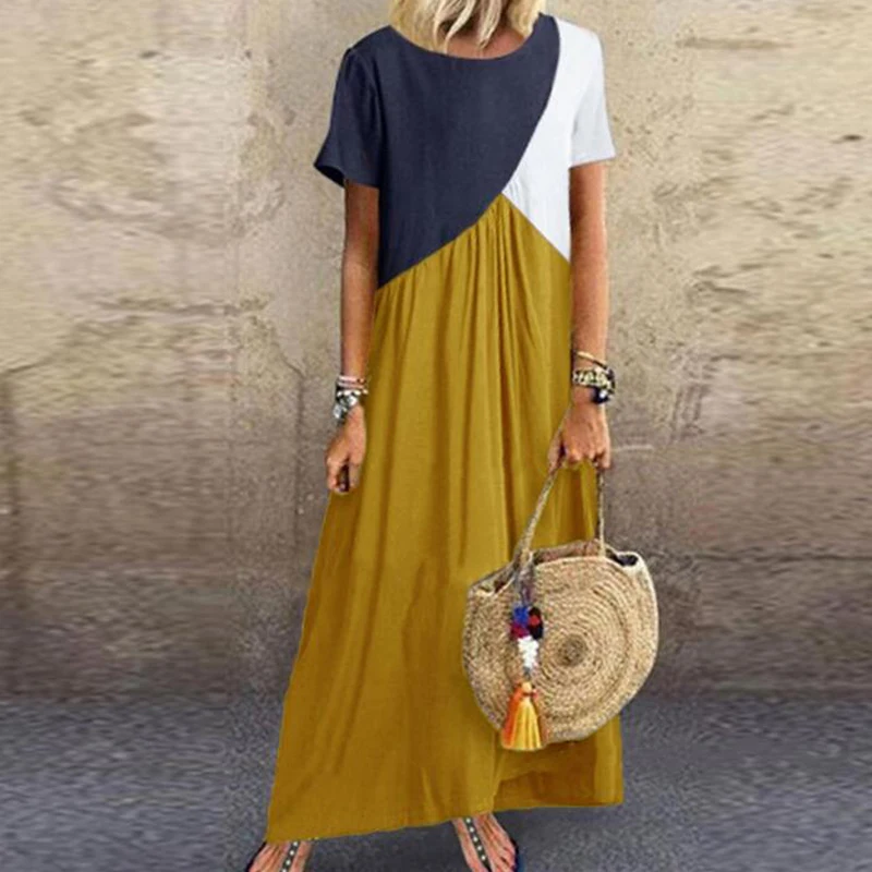 

Summer Causal Loose Higt Waist Beach Dress Fashion New Geometry Patchwork Women Dresses Round Neck Daily Short Sleeve Long Dress