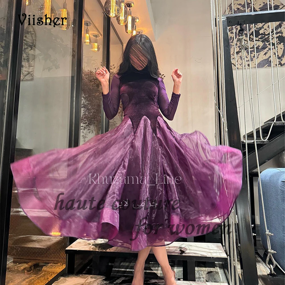 

Purple Organza A Line Evening Dresses Long Sleeve Dubai Arabian Dubai Formal Prom Dress Tea Length Evening Party Gowns