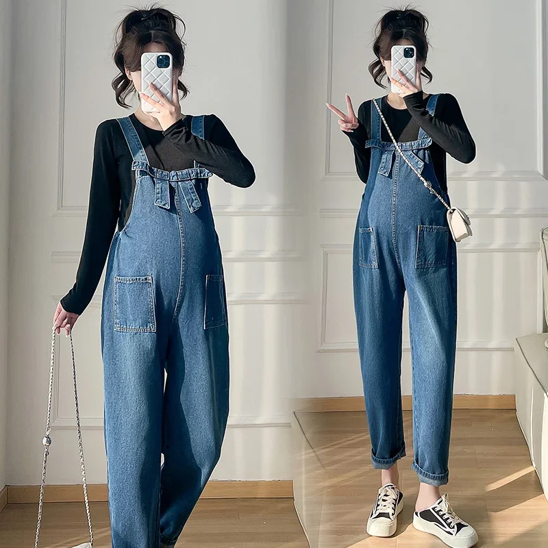 pregnant women's denim clothes sets black long sleeve T-shirt jumpsuits two-piece set vintage maternity jeans suits