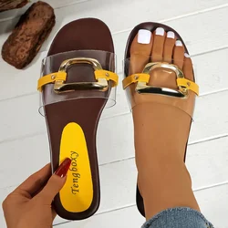 Summer 2025 Chic Women's Fashion Flat Sandals with Metal Strap - 38 (Yellow)