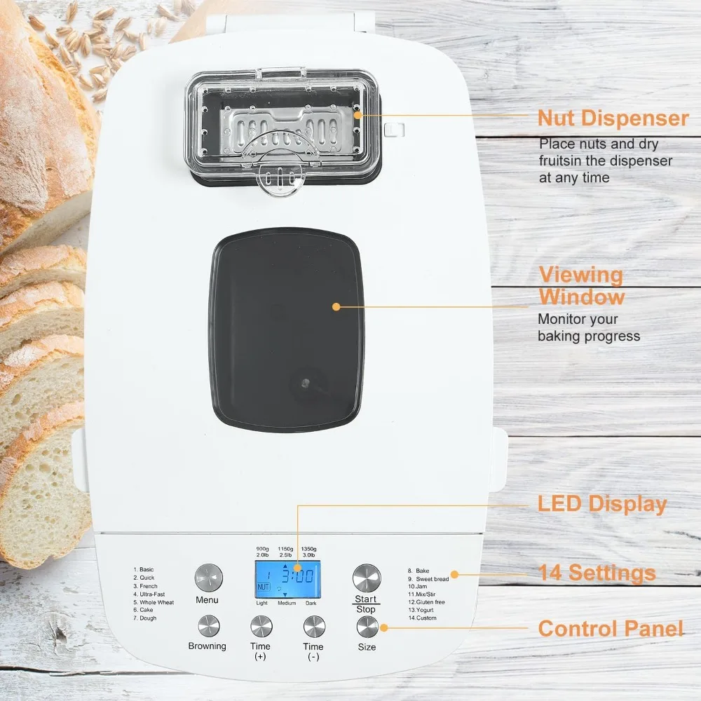 Bread Maker Machine with Gluten Free Setting 3LB 2.5LB 2LB Automatic Loaf Bread Machine with Fruit & Nut Dispenser
