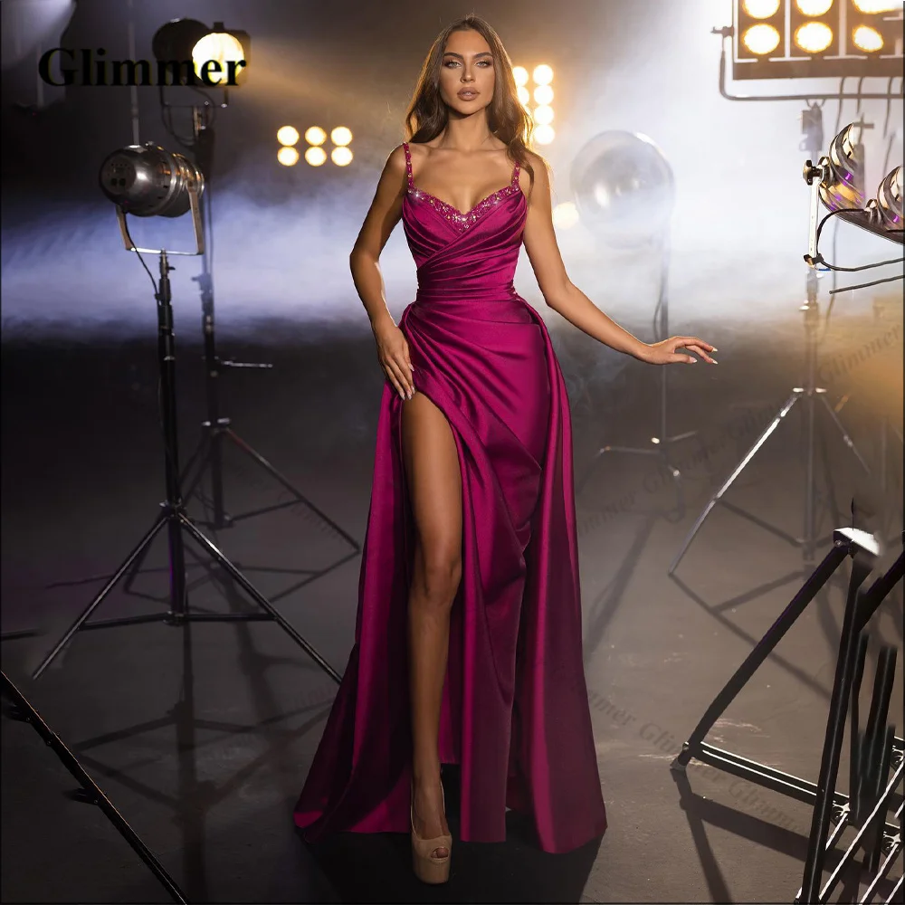 

Glimmer Elegant Trumpet Celebrity Dresses Rhinestones Slit Pleat Spaghetti Charming Side Slit Vestido De Formatura Made To Order