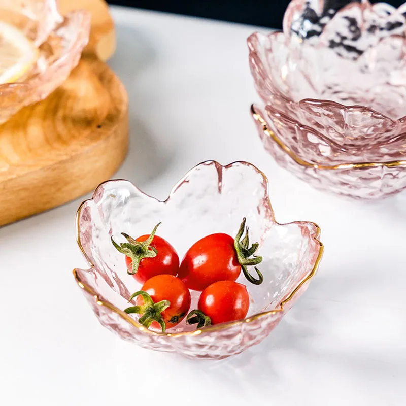 Cherry Blossom Sauce Dishes Small Glass Dish Sauce Bowl Nodic Gold Inlay Ice Cream Small Dinner Plates Kitchen Supplies 3pcs dining dish