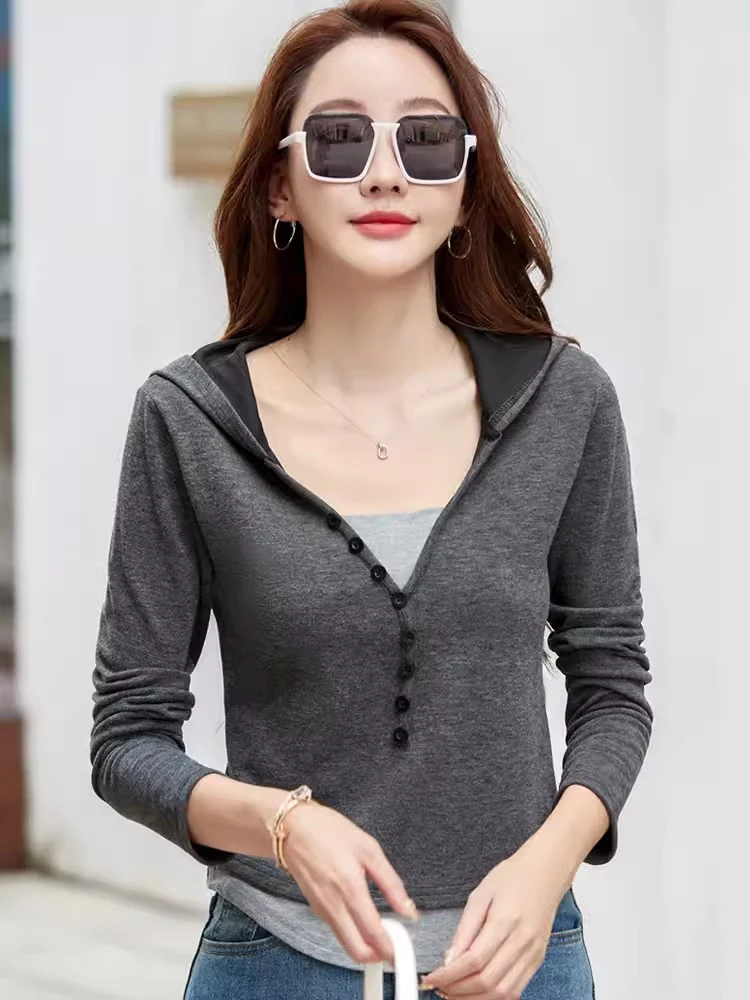 New Women Fake Two Pieces Sweatshirt Spring Autumn Fashion Hooded Patchwork Long Sleeve Loose Short Tops Casual Hoodies T-shirt