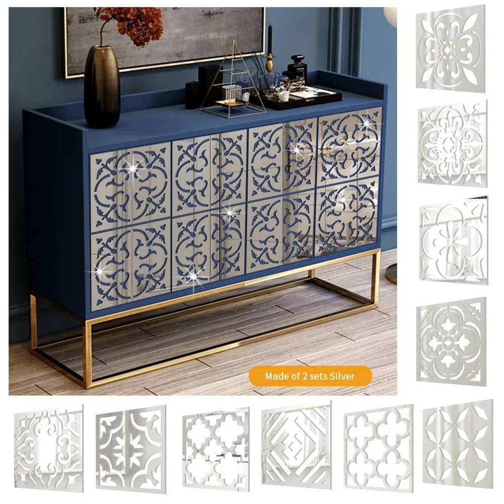 15/20/27cm Silver Hollow Engraving Mirror Sticker Cabinet Furniture Decoration 3D Decal Home Design Acrylic Art Sticker 4pcs/set