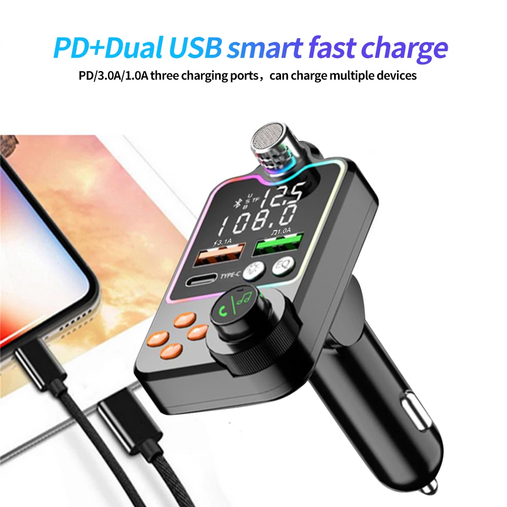 Bluetooth 5.0 Car FM Transmitter Dual USB Car Charger PD Type-C Fast Charging Wireless Handsfree Call Audio Receiver MP3 Player car charger fm transmitter