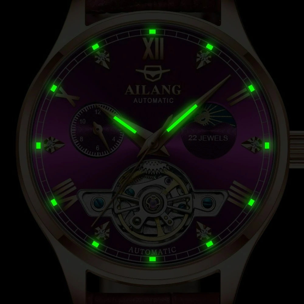 AILANG Tourbillon Automatikuhr für Damen, leuchtende, wasserdichte Skelett-Mechanische Armbanduhr, modische, elegante Uhr als Geschenk – Detail 6