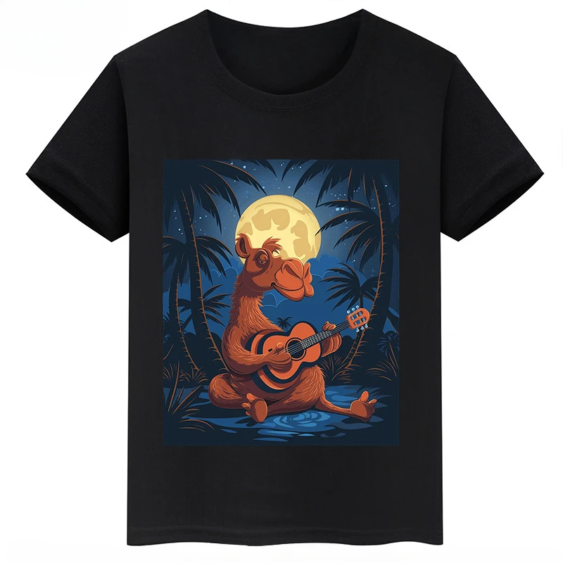 thumbnail image 1 of Ropa infantil con estampado de dibujos animados de camellos, camisetas negras de manga corta de verano para niños, camisetas de algodón personalizadas para niños y niñas, 1 of 5